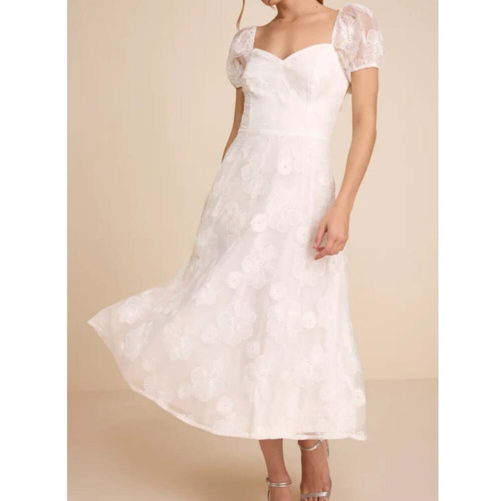 Lulus Sweetest Behavior Embroidered Puff Sleeve Midi Dress Women's Large White